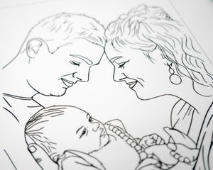 Detail van de gravure van een familieportret als lijntekening op witte acryl