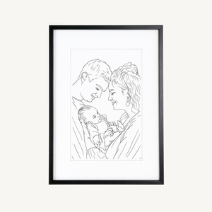 Familieportret als lijntekening op acryl, gegraveerd in witte acryl met zwarte invulling
