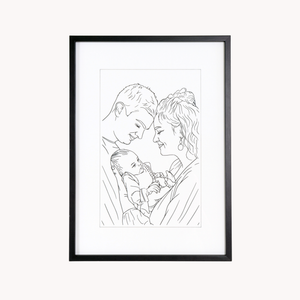 Gepersonaliseerd familieportret als lijntekening gegraveerd op witte acryl met zwarte invulling.