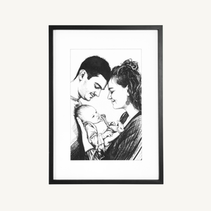 Familieportret op acryl als schets, gegraveerd in witte acryl met zwarte invulling in een zwart houten kader