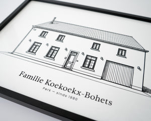 Detail van de gegraveerde schets van een huis op acryl. 