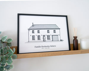 Huisportret als schets op acryl gestyled op een houten schilderplank met plantje, geurstokjes en kaars.