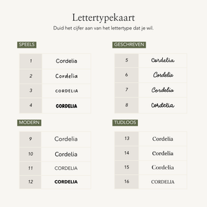 Lettertypekaart met de vier stijlen voor de gravure op het houten deksel
